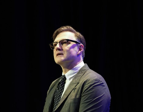 David Morrissey addresses students in a theatre at Liverpool Hope University's Creative Campus.